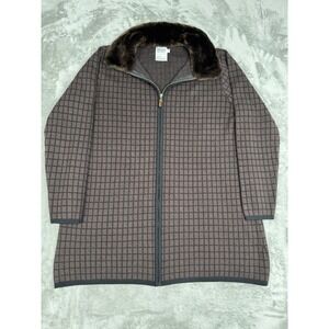 Vintage Mimi Maternity 100% Wool Zip Jacket Womens Small S Brown Plaid Faux Fur